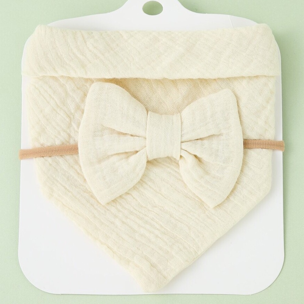 2pc Baby Bib and Hair Bow Set in Muslin Beige Ecru  NIP